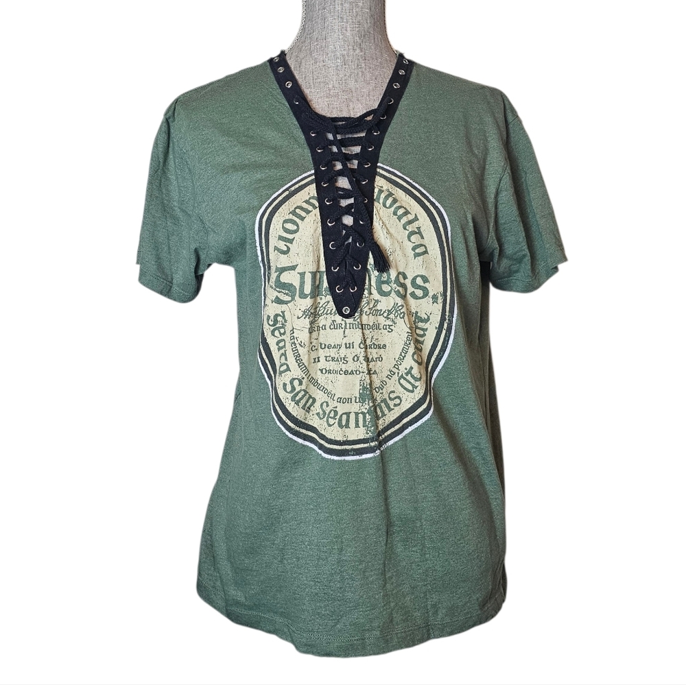 Guinness Graphic Lace-Up T-Shirt - Unisex Size M - Heathered Green Celtic